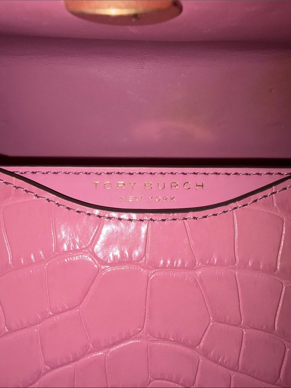 Tory Burch Pink Croc-Embossed Chain Shoulder Bag with Gold Logo